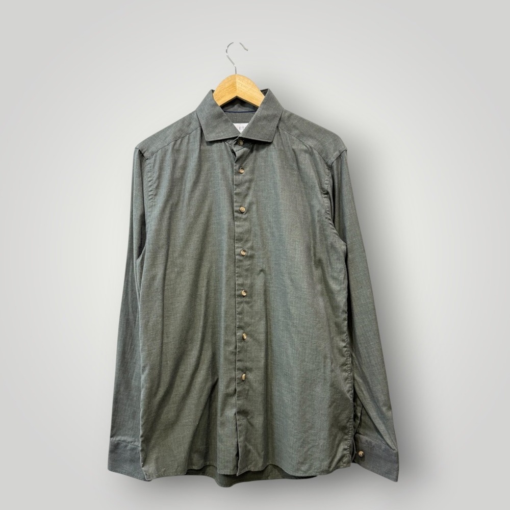 Eton Slim Fit Dress Shirt Mens 42 16.5 L Olive Green Herringbone Cotton